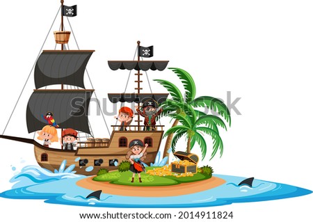 Pirate ship on island with many kids isolated on white background illustration