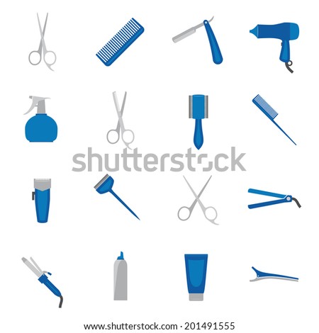 Hairdresser fashion barber beauty salon accessories icon flat set isolated vector illustration.
