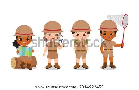 Cute boy and girl in scout uniforms. Summer camp clip art set. Flat vector cartoon design