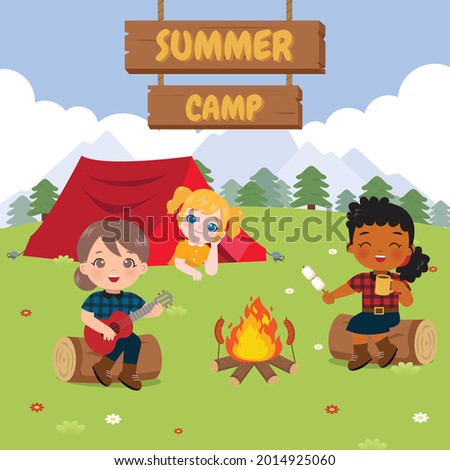 Cute girls relaxing camping site. Summer camp illustration. Flat vector cartoon design