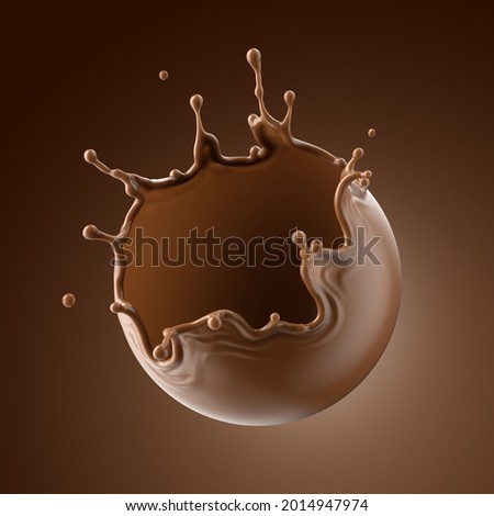 3d render, spherical shape liquid chocolate splash, cacao drink or coffee, splashing cooking ingredient. Clip art isolated on brown background