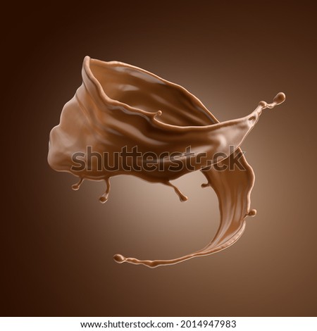3d render, chocolate splash, cacao drink or coffee, splashing cooking ingredient. Abstract twisted dynamic liquid. Brown beverage clip art isolated on brown background