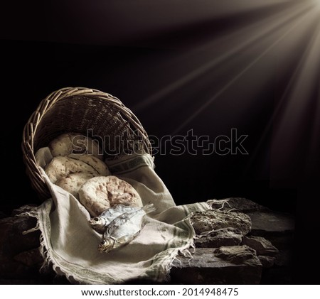 Holy fresh raw simple rural box barley pita cake bakery Lord pray bless retro Israel sign story. Close up view white jew towel cloth catch catholic supper still life dark black stone field text space Royalty-Free Stock Photo #2014948475
