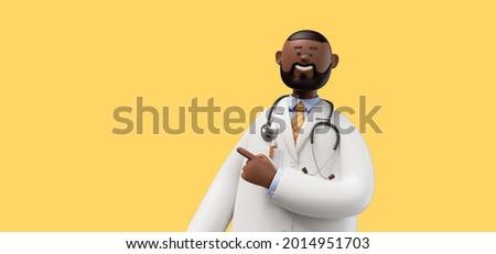 3d render. Doctor african cartoon character shows right, gives recommendation. Clip art isolated on yellow background. Professional advice