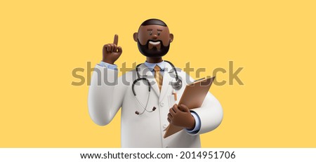 3d render. Doctor african cartoon character holds documents and gives advice. Clip art isolated on yellow background. Professional consultation. Medical concept