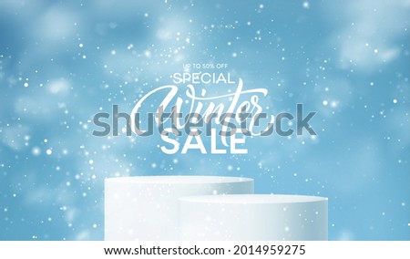 Christmas Winter Product podium on the background of drifts, snowflakes and snow. Realistic product podium for winter and christmas discount design, sale. Vector illustration EPS10