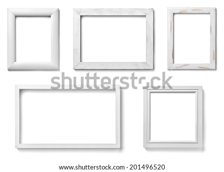 collection of various white wood frames on white background. each one is shot separately