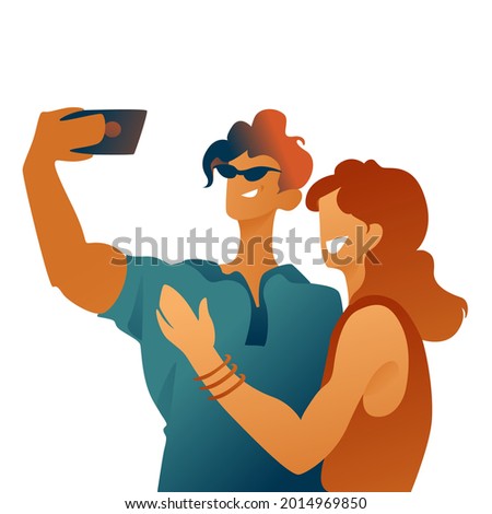 A hot couple, a man in sunglasses and a woman take a selfie on vacation. The characters take a photo on their phone, an illustration on a white background.