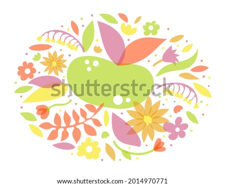 Template with space for text surrounded by flowers, leaves and points. Vector illustration. Lettering, text, stickers, print, card ornament. Isolated on white background.