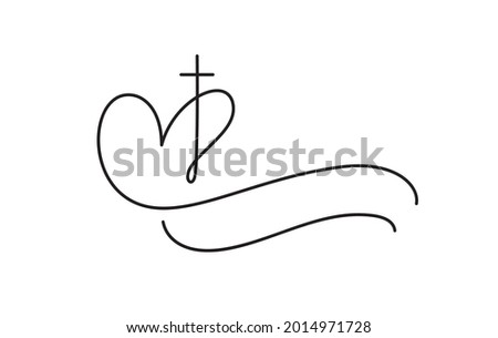 Template vector logo for churches and Christian organizations cross on the heart. Religious calligraphy sign emblem cross and heart. Minimalistic illustration.