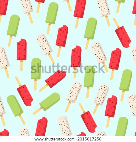 Summer seamless pattern ice cream. Different types of ice cream in a cone and popsicle. Summertime