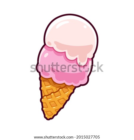 Cartoon ice cream drawing, Italian Gelato. Vanilla and strawberry scoops in waffle cone. Isolated clip art vector illustration.