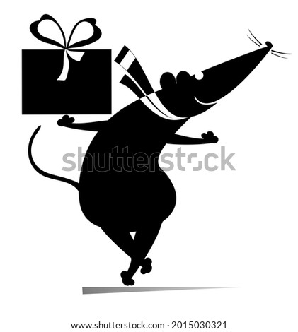 Cartoon rat or mouse holds a present box with ribbon illustration. 
Funny rat or mouse with a gift celebrating birthday or important event black on white
