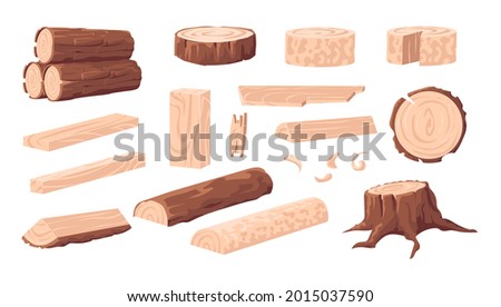 Cartoon lumber. Wood materials. Forest tree trunk and log. Branches with bark. Wooden plank and stump. Oak or pine natural construction board for carpentry. Vector sawmill products set