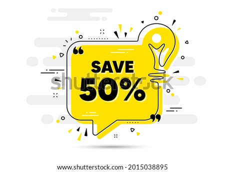 Save 50 percent off. Yellow idea chat bubble background. Sale Discount offer price sign. Special offer symbol. Discount chat message lightbulb. Idea light bulb background. Vector