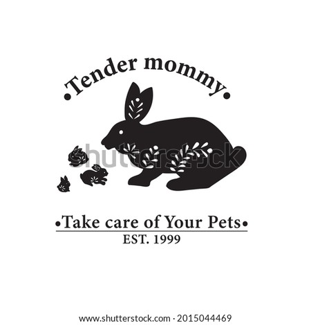 Fun Rabbits Animal. Premade Logo. Black and white colors. Isolated background. Hand-drawn Stamp silhouette. Wedding planner Lovely bunnies. Baby birthday brand, birth of twins. Vector illustration
