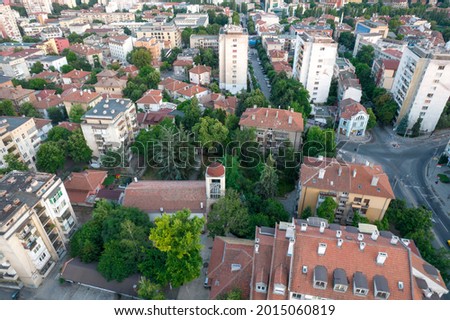 Haskovo, Bulgaria 07 25 2021: a drone photo of a neighborhood Orthodox church