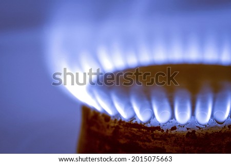 Gas burner of a stove, lit and with a blue flame. Blue background. Sharp focus, macro studio photography. Royalty-Free Stock Photo #2015075663