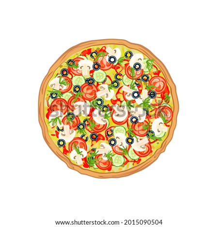 
Vegetarian pizza with cucumber, mushrooms, tomatoes, bell peppers, olives and  basil. Traditional italian fast food. Top view meal isolated on white background. Cartoon flat style. Vector