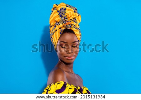 Profile photo of gorgeous satisfied dark skin person smile have good mood isolated on blue color background
