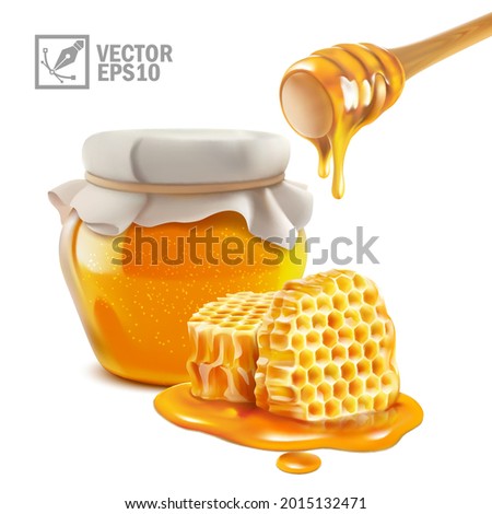 3d realistic isolated vector honey jar and stick with liquid honey flowing on honeycomb pieces in a puddle Royalty-Free Stock Photo #2015132471