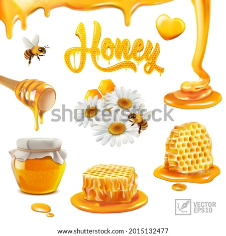 3d realistic vector set with honey, pieces of honeycomb, flying bee, chamomile flowers, propolis, flowing liquid on a stick, puddles and drops of honey, an text inscription in the form of a beehive Royalty-Free Stock Photo #2015132477