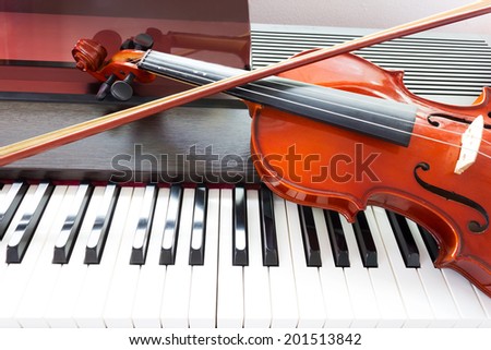 Violin and piano keyboard closeup part of music background