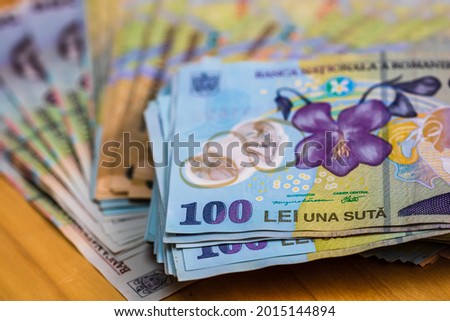 Detail of LEI banknotes. Stacks of Romanian LEI banknotes. World money concept, inflation and economy concept Royalty-Free Stock Photo #2015144894