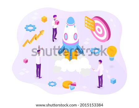 Startup coaching and mentorship concept. Business start up team launching rocket with computer and server. Creative web banner layout template design. Vector flat isometric cartoon illustration