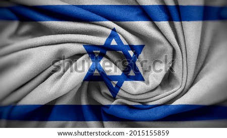 The national flag of Israel. Israel flag with fabric texture. Close up waving flag of Israel.