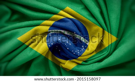 The national flag of Brazil. Brazil flag with fabric texture. Close up waving flag of Brazil.