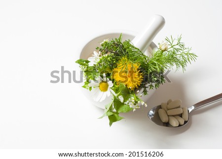 herbal flowers in mortar and modern medicines