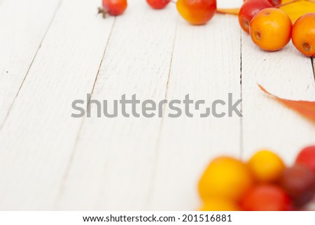 colorful cherry leaves and forest berry on wood table