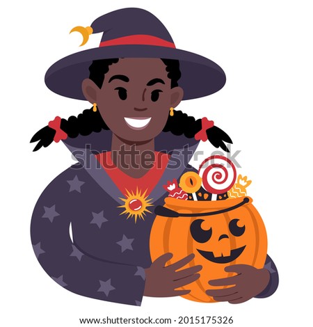 A portrait of a smiling African girl in a wizard costume holding up a carved halloween pumpkin bucket full of candy. Trick or treat tradition. Flat style vector illustration.