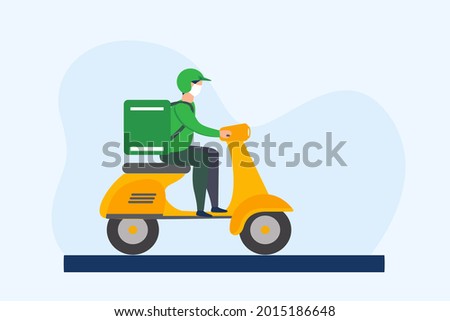Food delivery man riding a red scooter, isolated on white. Flat vector illustration. Online delivery service concept, delivery home and office. Scooter courier, delivery man in respiratory mask.