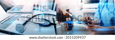 Virtual hospital, telemedicine, online medical, smart health, medical technology development concept. Doctor using digital tablet connecting with patient and health care icons on virtual screen