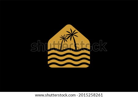 Hawaii beach and palm logo design vector. Home resort sign symbol.