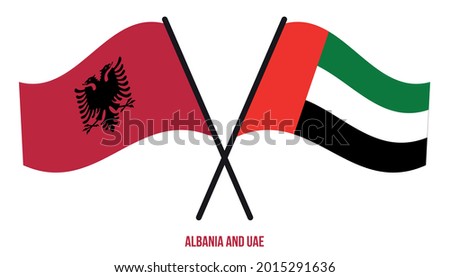 Albania and UAE Flags Crossed And Waving Flat Style. Official Proportion. Correct Colors.