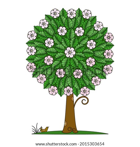 A stylized tree with a doodle pattern and a bird on a white background. A colorful decorative element for the design of printed products