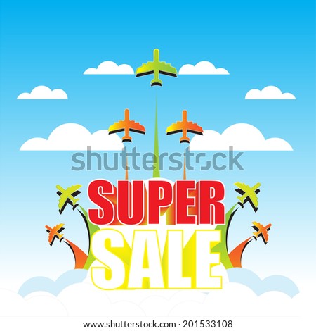 Big sale wording in pop art style on air plane flying on the blue sky and clouds background
