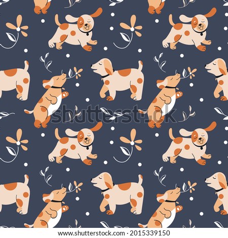 Seamless pattern with cute dogs, puppies in different poses among flowers. Print for textiles.