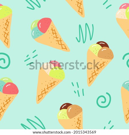 ice cream in waffle cone seamless pattern. hand drawn doodle. vector, cartoon. wallpaper, textiles, fabric, wrapping paper. food, sweet refreshing bright summer