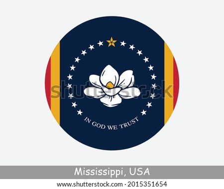 Mississippi Round Circle Flag. MS USA State Circular Button Banner Icon. Mississippi United States of America State Flag. The Magnolia State, The Hospitality State EPS Vector