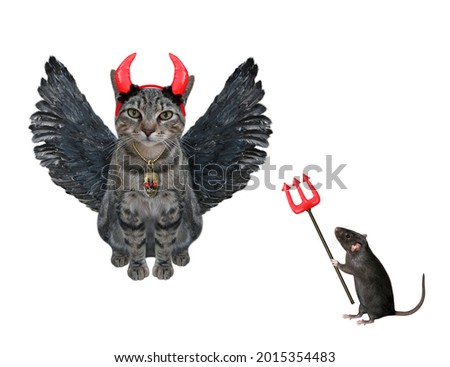 A gray cat with bird wings and red horns is near a rat with a devil trident. White background. Isolated.