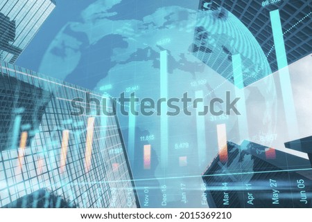 Creative city background with glowing globe and forex chart. Trade and finance concept. Double exposure
