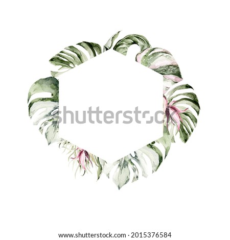 Watercolor floral wreath. Hand painted frame of tropical leaves, palm, green monstera, jungle  leaf. Exotic border.Isolated on white background. Botanical illustration for design, print