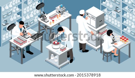 Isometric laboratory diagnostic horizontal composition with indoor lab scenery with research equipment and working scientists characters vector illustration Royalty-Free Stock Photo #2015378918