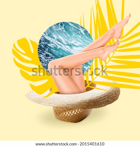 Beach resort. Beautiful female legs in giant straw hat on light background. Copy space for ad, text. Conceptual, contemporary bright artcollage. Party time, summer fun mood.