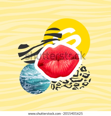 Summer, sea, beach and relax. Modern design, contemporary art, zine collage. Inspiration, idea, trendy urban magazine style. Female lips on abstract colored background
