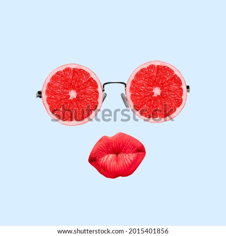 Contemporary art collage, modern design. Female face with grapefruit slices glasses and red lips on light background. Vacation, resort, fun and summer time mood.